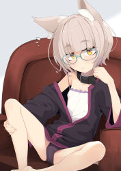 Rule 34 | 1girl, animal ear fluff, animal ears, armchair, bare shoulders, black collar, black jacket, black panties, blue-framed eyewear, blunt bangs, blush, brown hair, camisole, chair, closed mouth, collar, commentary request, feet out of frame, glasses, grey background, highres, irene (ogami kazuki), jacket, looking at viewer, off shoulder, ogami kazuki, on chair, open clothes, open jacket, original, panties, short hair, solo, strap slip, thick eyebrows, underwear, white camisole, yellow eyes
