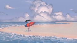 Rule 34 | 1girl, beach, cloud, cumulonimbus cloud, floating hair, from side, highres, holding, holding surfboard, lighthouse, long hair, mahosame, ocean, original, scenery, sky, solo, summer, surfboard
