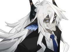 Rule 34 | 1boy, alchemy stars, animal ears, black horns, blue eyes, blue necktie, closed mouth, fang, fang out, formal, furry, furry male, grey background, grey hair, hair between eyes, highres, horns, istvan (alchemy stars), long hair, male focus, necktie, simple background, solo, suit, upper body, viiiper