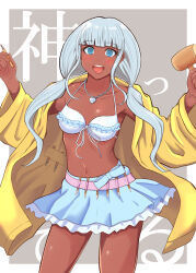 Rule 34 | 1girl, :d, bikini, blue eyes, blunt bangs, breasts, danganronpa (series), danganronpa v3: killing harmony, dark-skinned female, dark skin, frills, hair ornament, hammer, highres, hiro 1209, holding, holding hammer, jacket, jewelry, long hair, long sleeves, looking at viewer, low twintails, medium breasts, navel, necklace, open clothes, open mouth, shiny skin, skirt, smile, solo, swimsuit, teeth, twintails, upper teeth only, yonaga angie