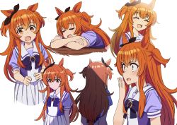 Rule 34 | 1girl, absurdres, animal ears, blush stickers, bow, bowtie, closed eyes, covering own mouth, ear bow, expressionless, from behind, highres, horse ears, horse girl, horseshoe ornament, kerorira, long hair, looking at viewer, mayano top gun (umamusume), multiple views, orange eyes, orange hair, pleated skirt, puffy short sleeves, puffy sleeves, purple bow, purple bowtie, purple shirt, sailor collar, sailor shirt, school uniform, serafuku, shirt, short sleeves, simple background, skirt, smile, squeans, summer uniform, tracen school uniform, two side up, umamusume, white background, white skirt