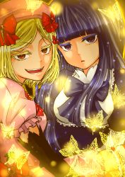 Rule 34 | 2girls, blonde hair, blue hair, blunt bangs, bow, bug, butterfly, colored eyelashes, dress, elbow gloves, evil, frederica bernkastel, frills, gloves, hat, highres, insect, lambdadelta, long hair, magic, multiple girls, nightcross, open mouth, parted lips, pink hat, purple eyes, red eyes, short hair, short sleeves, umineko no naku koro ni