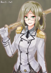 Rule 34 | 10s, 1girl, anti (untea9), bags under eyes, bokken, breasts, epaulettes, female focus, folded ponytail, glasses, gloves, green eyes, highres, kantai collection, katori (kancolle), large breasts, looking at viewer, military, military uniform, shinai, simple background, smile, solo, sword, twitter username, uniform, weapon, white gloves, wooden sword