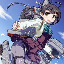 Rule 34 | 547th sy, adapted turret, ahoge, asymmetrical bangs, black hair, cannon, commentary request, cowboy shot, dress, fujinami (kancolle), grey pantyhose, hair ribbon, highres, kantai collection, long hair, looking at viewer, machinery, panties, panties under pantyhose, pantyhose, ribbon, school uniform, shirt, side-tie panties, side ponytail, sleeveless, sleeveless dress, smokestack, solo, striped clothes, striped panties, turret, underwear, white ribbon, white shirt, yellow eyes