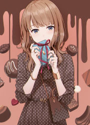 Rule 34 | 1girl, bag, blush, box, bracelet, brown bag, brown hair, candy, center frills, chocolate, closed mouth, commentary, dress, earrings, envelope, food, frills, gift, hands up, heart, heart print, highres, holding, holding gift, hyuuga azuri, jewelry, long hair, long sleeves, looking at viewer, multicolored nails, nail polish, original, polka dot, polka dot dress, polka dot skirt, red ribbon, ribbon, ring, shoulder bag, skirt, sleeves past elbows, smile, solo, symbol-only commentary, unmoving pattern