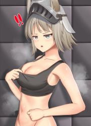 Rule 34 | !, !!, 1girl, :o, animal ears, arknights, ashlock (arknights), bare arms, bare shoulders, beryll, blush, breasts, cleavage, collarbone, commentary request, crop top, grey eyes, grey hair, groin, headgear, highres, indoors, large breasts, looking at viewer, midriff, navel, open mouth, partial commentary, short hair, solo, sports bra, stomach, sweat, upper body