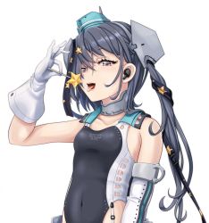 Rule 34 | 1girl, aqua hat, black one-piece swimsuit, black ribbon, breasts, candy, competition swimsuit, food, garrison cap, gloves, grey eyes, grey hair, hair ornament, hair ribbon, hat, highres, holding, holding candy, holding food, holding lollipop, kantai collection, lollipop, long hair, multicolored clothes, multicolored swimsuit, one-piece swimsuit, open mouth, ribbon, saliva, saliva trail, scamp (kancolle), side ponytail, small breasts, solo, star (symbol), star hair ornament, swimsuit, tk8d32, tongue, tongue out, white background, white gloves, white one-piece swimsuit