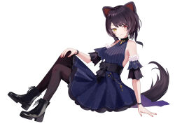 Rule 34 | 1girl, :3, animal ears, ankle boots, arm support, bare shoulders, black footwear, black pantyhose, black wristband, blue dress, blush, boots, brown hair, closed mouth, commission, detached sleeves, dog ears, dog tail, dress, halter dress, halterneck, heterochromia, highres, inui toko, invisible chair, knees up, looking at viewer, nail polish, nijisanji, official alternate hair length, official alternate hairstyle, pantyhose, red eyes, red nails, sash, short dress, short hair, sitting, skeb commission, smile, solo, swept bangs, tail, virtual youtuber, yellow eyes, yellow takano
