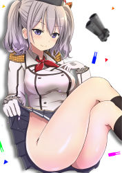 Rule 34 | 10s, 1girl, beret, binoculars, blush, breasts, buttons, clothes lift, epaulettes, female focus, gloves, grey hair, hat, highres, jacket, kantai collection, kashima (kancolle), kerchief, kuroame (kurinohana), large breasts, crossed legs, long hair, looking at viewer, military, military uniform, miniskirt, no panties, purple eyes, simple background, sitting, skirt, skirt lift, smile, socks, solo, thighs, twintails, uniform, white background, white gloves