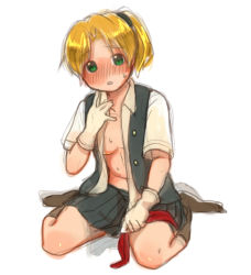 Rule 34 | 10s, 1girl, akiho hayuu, bad id, bad pixiv id, blonde hair, blush, breasts, kantai collection, maikaze (kancolle), navel, open clothes, open mouth, short hair, short ponytail, simple background, sitting, skirt, solo, sweat, white background