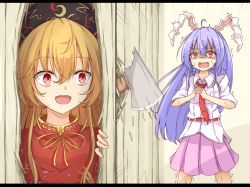 Rule 34 | 2girls, :d, ahoge, animal ears, axe, belt, blonde hair, blouse, comic, commentary request, crazy eyes, crazy smile, dress, hair between eyes, hands on own chest, hat, here&#039;s johnny! (meme), highres, hole in wall, junko (touhou), light purple hair, long hair, meme, multiple girls, necktie, neko mata, open mouth, orange eyes, orange hair, own hands together, panels, parody, pink skirt, pleated skirt, purple hair, rabbit ears, rabbit girl, red belt, red dress, red eyes, red neckwear, reisen udongein inaba, scared, shaded face, shirt, skirt, smile, surprised, sweat, tears, teeth, the shining, touhou, trembling, upper teeth only, very long hair, white shirt
