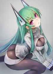 Rule 34 | 1girl, ass, bodystocking, bodysuit, breasts, butt crack, cleavage, cleavage cutout, clothing cutout, gloves, green hair, grimace, headgear, highres, large breasts, meme attire, menou kaname (taishi), open-chest sweater, original, purple eyes, short shorts, shorts, solo, sweater, taishi (picchiridou)