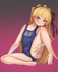 Rule 34 | 1girl, absurdres, barefoot, blonde hair, blue one-piece swimsuit, blush, flat chest, green eyes, gya rb, highres, lobotomy corporation, long hair, looking at viewer, one-piece swimsuit, project moon, school swimsuit, solo, spread legs, swimsuit, tiphereth a (project moon)
