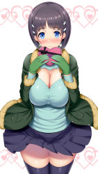 Rule 34 | 1girl, black hair, blue eyes, blue shirt, blush, box, breasts, cleavage cutout, clothing cutout, fur trim, gift, gift box, green jacket, hair ornament, heart-shaped box, heart cutout, highres, holding, holding gift, jacket, kawase seiki, kirigaya suguha, large breasts, long sleeves, md5 mismatch, pleated skirt, resolution mismatch, shirt, short hair, simple background, skirt, solo, source smaller, sword art online, thighhighs, valentine, white background