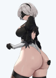 Rule 34 | 1girl, 2b (nier:automata), absurdres, ass, ass focus, ass grab, black blindfold, black gloves, black hairband, blindfold, bob cut, breasts, closed mouth, commentary, curvy, feather-trimmed sleeves, gloves, grabbing own ass, hairband, highleg, highleg leotard, highres, huge ass, juliet sleeves, large breasts, leotard, long sleeves, mole, mole under mouth, nier:automata, nier (series), puffy sleeves, pumi puru, shiny skin, short hair, simple background, skindentation, solo, thick thighs, thighhighs, thighs, thong leotard, white background, white hair, white leotard, wide hips