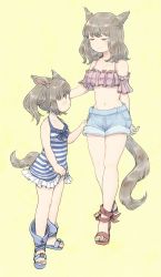 Rule 34 | 2girls, animal ears, bikini, bikini top only, blush, brown eyes, brown hair, cat ears, cat tail, facial mark, final fantasy, final fantasy xiv, frilled bikini, frilled bikini top, frilled swimsuit, frills, highres, looking at another, miqo&#039;te, mozuku (mozuuru0323), multiple girls, one-piece swimsuit, pink bikini, sandals, short hair, short twintails, shorts, smile, standing, striped clothes, striped one-piece swimsuit, swimsuit, tail, twintails, walking, yellow background