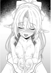 Rule 34 | 1girl, blush, bow, breasts, bukkake, choker, closed eyes, cum, cum on body, cum on breasts, cum on hands, cum on upper body, cupping hands, elf, enjo kouhai, facial, facing viewer, greyscale, hair bow, iris (takunomi), long hair, monochrome, nipples, open clothes, open vest, own hands together, pleated skirt, pointy ears, projectile cum, skirt, small breasts, solo, takunomi, tongue, tongue out, topless, vest