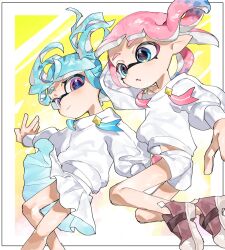 Rule 34 | 2girls, blue eyes, blue hair, border, brown footwear, commentary request, frilled skirt, frills, highres, inkling, inkling girl, inkling player character, kf nkm, medium hair, multiple girls, nintendo, open mouth, parted lips, pink eyes, pink hair, pointy ears, short hair, shorts, skirt, smile, splatoon (series), sweater, tentacle hair, white border, white shorts, white sweater, yellow background