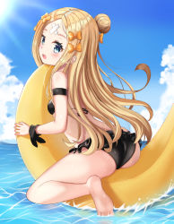 Rule 34 | 1girl, abigail williams (fate), absurdres, ass, back, bad id, bad pixiv id, banana boat, bandaid, bandaid on face, bandaid on forehead, bare shoulders, barefoot, bikini, black bikini, blonde hair, blue eyes, blue sky, bow, breasts, crossed bandaids, day, fate/grand order, fate (series), feet, forehead, frilled bikini, frills, hair bow, hair bun, highres, legs, long hair, multiple bows, ocean, orange bow, parted bangs, single hair bun, sky, small breasts, solo, swimsuit, zeroillya