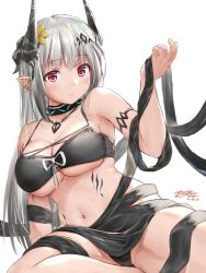 Rule 34 | arknights, arm support, armlet, bare shoulders, bikini, black bikini, blush, breasts, cleavage, closed mouth, dated, ear piercing, flower, hair flower, hair ornament, highres, horns, infection monitor (arknights), jewelry, large breasts, leaning back, long hair, looking at viewer, material growth, mudrock (arknights), mudrock (silent night) (arknights), navel, necklace, official alternate costume, oripathy lesion (arknights), piercing, pointy ears, purple eyes, sarong, signature, silver hair, simple background, sitting, solo, stomach, straight hair, sweat, swimsuit, underboob, very long hair, white background, yellow flower, yukinoshiro