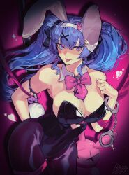 Rule 34 | 1girl, absurdres, animal ears, bare shoulders, black leotard, black pantyhose, black ribbon, blue eyes, blue hair, bori bori7, bound, breasts, broken heart, cleavage, clothing cutout, covered erect nipples, covered navel, cowboy shot, cutout above navel, detached collar, fake animal ears, fake tail, hair ornament, hair ribbon, hairband, hatsune miku, heart, heart cutout, highleg, highleg leotard, highres, large breasts, leotard, long hair, looking at viewer, pantyhose, pink background, pink hair, pink pupils, pink ribbon, rabbit ears, rabbit hair ornament, rabbit hole (vocaloid), rabbit tail, ribbon, solo, spotlight, stuffed toy, tail, tied up (nonsexual), tongue, tongue out, twintails, vocaloid, white hairband, x hair ornament
