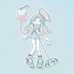 Rule 34 | 1girl, bandaged ankle, bandaid, bandaid on face, bandaid on forehead, black socks, blue background, blue eyes, blue hair, commentary, full body, gradient hair, halo, highres, intravenous drip, keke (kotowari), long hair, low wings, multicolored hair, original, pink hair, shoes, simple background, sneakers, socks, solo, symbol-only commentary, white wings, wings