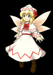 Rule 34 | 1girl, black background, blonde hair, blue eyes, blush, boots, dress, fairy wings, female focus, hat, lily white, parody, simple background, smile, solo, style parody, touhou, wings, zun (style)