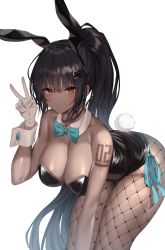Rule 34 | 1girl, animal ears, bare arms, bare shoulders, bent over, black hair, black leotard, blue archive, bow, bowtie, breasts, cleavage, dark-skinned female, dark skin, detached collar, fake animal ears, fake tail, fishnet pantyhose, fishnets, gloves, hand up, highres, karin (blue archive), karin (bunny) (blue archive), large breasts, leotard, long hair, looking at viewer, pantyhose, playboy bunny, ponytail, rabbit ears, rabbit tail, shiny clothes, shiny skin, shoulder tattoo, simple background, solo, strapless, strapless leotard, tail, tattoo, thighs, traditional bowtie, v, very long hair, white background, white gloves, wide hips, wrist cuffs, yaya (yayaa 00), yellow eyes