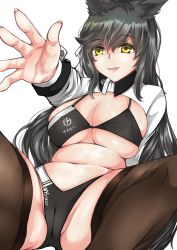 Rule 34 | 1girl, :d, absurdres, atago (azur lane), atago (stunning speedster) (azur lane), azur lane, black bra, black hair, black panties, black thighhighs, bra, breasts, highres, large breasts, long hair, looking at viewer, mole, mole under eye, navel, obsidian at, open mouth, outstretched hand, panties, plump, race queen, shiny skin, shrug (clothing), simple background, smile, solo, spread legs, thighhighs, underwear, white background, yellow eyes