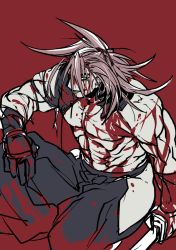 Rule 34 | 1boy, abs, bara, bare pectorals, blood, blood on clothes, blood on face, brown hair, fate/grand order, fate (series), hakama, hip vent, igote, japanese clothes, long hair, male focus, men cho, muscular, muscular male, pectorals, solo, tanaka shinbei (fate)