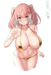 Rule 34 | 1girl, atlanta (kancolle), bikini, breasts, brown hair, collarbone, cropped legs, gold bikini, grey eyes, highres, huge breasts, kantai collection, large breasts, long hair, lowleg, lowleg bikini, micro bikini, one-hour drawing challenge, simple background, solo, swimsuit, tf cafe, twitter username, two side up, v, white background