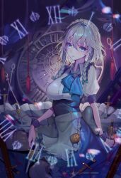 Rule 34 | 1girl, apron, blue eyes, bow, braid, clock, commentary, green bow, grey hair, highres, holding, holding knife, izayoi sakuya, knife, looking at viewer, maid, maid apron, maid headdress, minyumim, open mouth, pocket watch, roman numeral, solo, touhou, twin braids, waist apron, watch, wrist cuffs