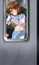 Rule 34 | 1girl, blue sailor collar, blue skirt, blush, bra, breasts, brown eyes, brown hair, chikan, commentary request, grabbing, grabbing another&#039;s breast, grabbing from behind, hibike! euphonium, highres, large breasts, looking at viewer, m.i.y, miniskirt, molestation, neckerchief, oumae kumiko, panties, pink neckerchief, sailor collar, school uniform, skirt, underwear, white bra, white panties