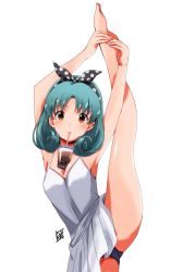 Rule 34 | 1girl, aqua hair, artist logo, bare shoulders, black bow, black hairband, blue panties, blush, bow, bow hairband, breasts, brown eyes, bubble tea, bubble tea challenge, cleavage, commentary request, cup, curly hair, disposable cup, dress, drinking, drinking straw, flexible, hair bow, hairband, highres, idolmaster, idolmaster million live!, idolmaster million live! theater days, leg up, looking at viewer, medium breasts, medium hair, object on breast, panties, parted bangs, polka dot, polka dot bow, ponpon, sleeveless, sleeveless dress, solo, split, standing, standing on one leg, standing split, stretching, thighs, tokugawa matsuri, underwear, white dress