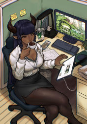 Rule 34 | 1girl, absurdres, at computer, ayaki blade, black footwear, black hair, black nails, blunt bangs, braid, breasts, brown eyes, brown pantyhose, chair, cleavage, coffee, coffee cup, commentary, commentary request, commission, cow horns, crossed legs, cup, dark-skinned female, dark skin, desk, disposable cup, downblouse, drinking, english commentary, fingernails, formal, full body, highres, horns, id card, lanyard, large breasts, long hair, mixed-language commentary, monitor, nail polish, office, office chair, office lady, original, pantyhose, pencil skirt, pointy ears, side braids, skirt, skirt suit, solo, sticky note, straight hair, suit, swivel chair, tablet pc