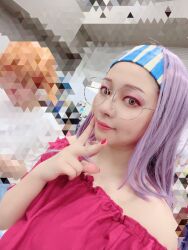 Rule 34 | cosplay, digimon, glasses, highres, inoue miyako, inoue miyako (cosplay), long hair, nail polish, orange eyes, photo (medium), purple hair, real life