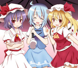 Rule 34 | 3girls, ahoge, ascot, blonde hair, blue hair, blush, bow, brooch, closed eyes, facing viewer, flandre scarlet, gradient background, hachimi, hat, hat bow, hat ribbon, highres, jewelry, light purple hair, looking at viewer, mob cap, multiple girls, no wings, open mouth, pink background, puffy short sleeves, puffy sleeves, red eyes, remilia scarlet, ribbon, short hair, short sleeves, side ponytail, skirt, skirt set, smile, tatara kogasa, touhou, umbrella, v, wings