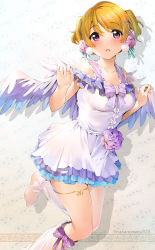 Rule 34 | 1girl, absurdres, alternate hairstyle, angel wings, barefoot, breasts, brown hair, collarbone, dress, flower, hair flower, hair ornament, highres, koizumi hanayo, looking at viewer, love live!, love live! school idol project, medium breasts, nakano maru, open mouth, pink eyes, short hair, solo, standing, standing on one leg, thighs, toenails, toes, twintails, twitter username, white dress, white wings, wings, x hair ornament