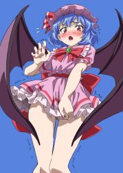 Rule 34 | 1girl, alternate skirt length, bat wings, blue background, blue hair, brooch, clothes pull, cowboy shot, embarrassed, embodiment of scarlet devil, fang, frilled skirt, frilled sleeves, frills, from below, gluteal fold, gyouza (mhea5724), hat, highres, jewelry, miniskirt, mob cap, open mouth, petticoat, red eyes, remilia scarlet, short hair, short sleeves, skirt, solo, touhou, trembling, wings