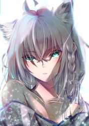 Rule 34 | 1girl, ahoge, animal ear fluff, animal ears, backlighting, bare shoulders, braid, collarbone, commentary request, earrings, fox ears, fox girl, green eyes, hair between eyes, hololive, jewelry, light particles, long hair, looking at viewer, shadow, shirakami fubuki, shirakami fubuki (new year), sidelocks, signature, simple background, single braid, solo, upper body, urotare, virtual youtuber, white background, white hair