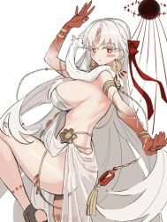 1girl armlet bare_shoulders belly_chain blush bracelet breasts colored_skin dress durga_(fate) durga_(first_ascension)_(fate) earrings facial_mark fate/grand_order fate_(series) forehead_mark gradient_skin grey_hair hair_ribbon highres jewelry large_breasts long_hair looking_at_viewer pelvic_curtain red_eyes red_skin revealing_clothes ribbon sash sideboob snake solo takustorage thighs thumb_ring very_long_hair white_dress