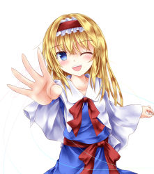 Rule 34 | 1girl, ;d, alice margatroid, alternate hair length, alternate hairstyle, arm up, blonde hair, blue dress, blue eyes, blush, capelet, collarbone, commentary, dress, foreshortening, furomaaju (fromage), hair between eyes, hairband, head tilt, highres, lolita hairband, long hair, one eye closed, open hand, open mouth, puppet strings, reaching, reaching towards viewer, red neckwear, red ribbon, ribbon, sash, simple background, smile, solo, teeth, touhou, upper body, upper teeth only, white background, white capelet