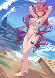 Rule 34 | 1girl, absurdres, armpits, arms behind head, barefoot, baseball cap, beach, blue eyes, blush, breasts, cleavage, double halo, feet, guyrys, hair ornament, halo, hat, heterochromia, highleg, highleg swimsuit, highres, hololive, hololive english, horns, irys (hololive), large breasts, long hair, looking at viewer, multicolored hair, multiple horns, navel, open mouth, pointy ears, presenting armpit, purple eyes, red hair, shift (shiftillust), smile, solo, star halo, streaked hair, swimsuit, thigh strap, toes, virtual youtuber