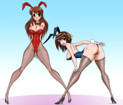 Rule 34 | animal ears, arms behind back, artist request, asahina mikuru, ass, bent over, blush, bow, bowtie, breasts, brown eyes, brown hair, cleavage, cuffs, fake animal ears, hand on ass, hand on thigh, high heels, large breasts, leotard, open mouth, pantyhose, playboy bunny, rabbit ears, rabbit tail, smile, spread legs, suzumiya haruhi, suzumiya haruhi no yuuutsu, tail, thighhighs, thong