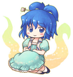 Rule 34 | 1girl, :&gt;, black footwear, blue dress, blue eyes, blue hair, blush, closed mouth, collared vest, commentary request, dress, emurin, full body, green outline, hair between eyes, hair ornament, hair rings, hair stick, kaku seiga, looking at viewer, open clothes, open vest, outline, puffy short sleeves, puffy sleeves, shoes, short hair, short sleeves, sitting, smile, socks, solo, star (symbol), touhou, vest, white background, white socks, white vest, yokozuwari
