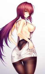 Rule 34 | 1girl, ass, back, bare shoulders, black pantyhose, blush, breasts, covered erect nipples, fate/grand order, fate (series), highres, large breasts, long hair, looking at viewer, looking back, meme attire, pantyhose, purple eyes, purple hair, scathach (fate), sideboob, silly (marinkomoe), simple background, smile, solo, thighband pantyhose, virgin killer sweater, white background