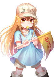 Rule 34 | 10s, 1girl, black footwear, blue shirt, blush, boots, brown eyes, brown hair, character name, commentary, flag, flat cap, grey hat, grey shorts, hair between eyes, hands up, hat, hataraku saibou, highres, holding, holding flag, knee boots, long hair, mouth hold, platelet (hataraku saibou), seungju lee, shirt, short shorts, short sleeves, shorts, simple background, solo, standing, very long hair, whistle, white background