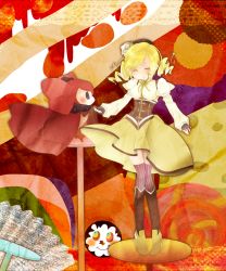 Rule 34 | 10s, ^ ^, beret, blonde hair, boots, breasts, cake, candy, charlotte (madoka magica), cheese, closed eyes, drill hair, fingerless gloves, food, gloves, hair ornament, hat, magical girl, mahou shoujo madoka magica, mahou shoujo madoka magica (anime), nana (krnsnnmm), pleated skirt, skirt, smile, thighhighs, tomoe mami