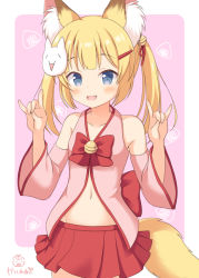 Rule 34 | 1boy, :d, animal ear fluff, animal ears, bare shoulders, bell, blonde hair, blue eyes, blush, collarbone, commentary request, detached sleeves, fang, fox ears, fox girl, fox shadow puppet, fox tail, groin, hair ornament, hairclip, hands up, jingle bell, kaiware-san, kemomimi oukoku kokuei housou, long hair, long sleeves, looking at viewer, male focus, mask, mask on head, mikoko (kemomimi oukoku kokuei housou), open mouth, pleated skirt, purple background, red skirt, signature, skirt, smile, solo, tail, trap, twintails, two-tone background, virtual youtuber, white background, wide sleeves