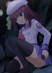 Rule 34 | 1girl, absurdres, against rock, angel beats!, beret, black thighhighs, blue skirt, blunt bangs, blurry, blurry background, bow, commentary request, dark, eyes visible through hair, feet out of frame, green bow, green eyes, hair bow, hat, highres, holding, holding weapon, indoors, knee up, lelie (lelie link), long sleeves, looking afar, medium hair, miniskirt, nakamura yuri, neckerchief, open mouth, pink neckerchief, pleated skirt, purple hair, serious, shinda sekai sensen uniform, shirt, sidelocks, sitting, skirt, solo, straight hair, thighhighs, thighs, v-shaped eyebrows, weapon, white hat, white shirt